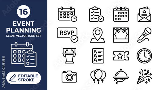 Event planning line icon set featuring sixteen essential symbols for organizing conferences meetings and social gatherings