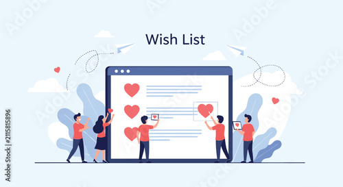 Group of shoppers creating a digital wish list by adding heart icons to desired items on a large browser screen for future purchase.