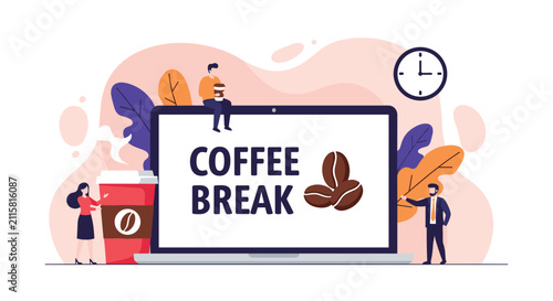 Office coffee break concept with professionals relaxing around a large laptop screen showing coffee beans and a giant take away cup.