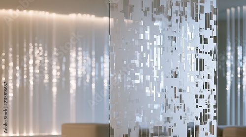 Modern interior glass partition with decorative metallic geometric pattern and soft lighting.