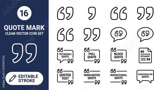 Quote mark icon set with editable stroke for typography and web design in flat vector style