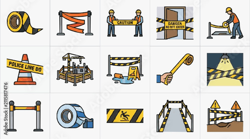 Creative Set of 15 Colorful Construction and Caution Signage Illustrations with Workers and Barriers