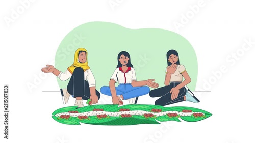 Women enjoying traditional kembulan communal dining cartoon animation. Indonesians eating together from banana leaf with rice and meat animated flat 2D characters 4K video isolated on transparent