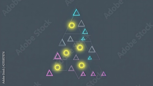Geometric Christmas Tree with Neon Lights and Triangles on a Dark Background.
