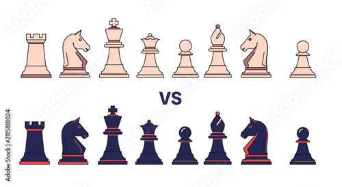 Complete set of white and black chess pieces arranged in a row facing each other for a strategic competition or game match.