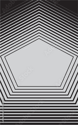Geometric pentagon line pattern vector, abstract black and white optical illusion background, minimalist concentric pentagonal shapes, modern linear graphic for posters and covers