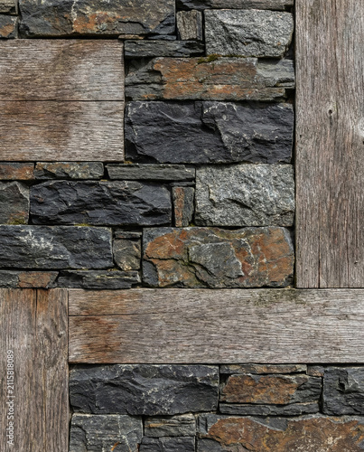 Rustic Wall Texture Combining Natural Stone and Weathered Wood
