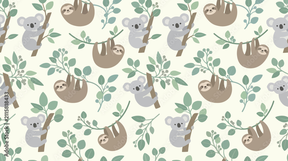 Fototapeta premium Seamless pattern featuring cute hand drawn koalas and sloths on tree branches.