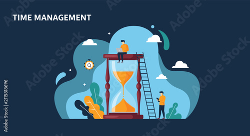 People working around a giant hourglass to demonstrate effective time management productivity and deadline tracking in business.