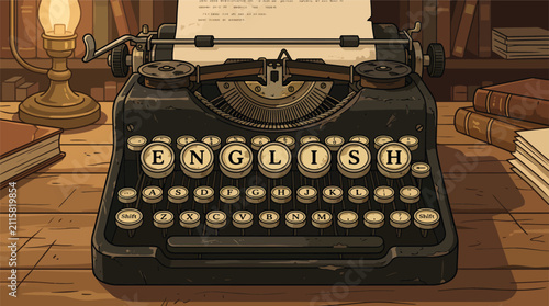Bild auf Leinwand Vintage typewriter with English keys on desk in library, concept for writing, education, and literature, warm lighting and classic style