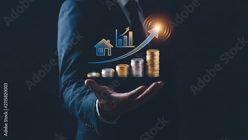 financial growth and real estate investment concept with businessman holding rising coin stacks house icon and upward arrow chart showing property wealth savings and profit increase success