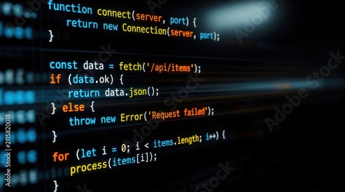 A close-up of a computer screen showing JavaScript code handling server connection, data fetching, error handling, and item processing in a programming environment.
