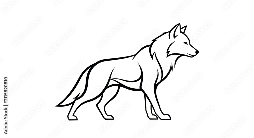 Fototapeta premium Monochrome illustration of a wolf standing isolated on white background