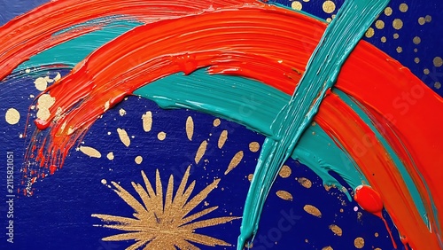 Vibrant abstract painting with bold brushstrokes in red and teal against a dark blue backdrop, accented with golden details.