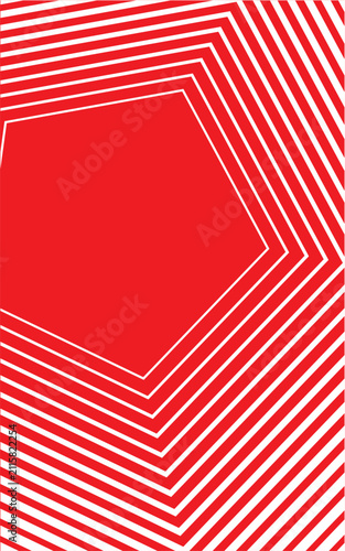 Abstract red and white geometric line pattern background, optical illusion concentric pentagon shapes, modern minimalist graphic vector for posters and digital branding