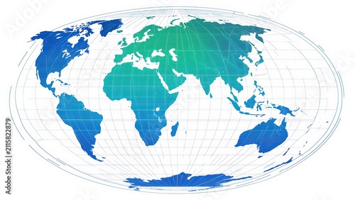 A world map with blue and green gradient, presented on a white background with coordinate lines.