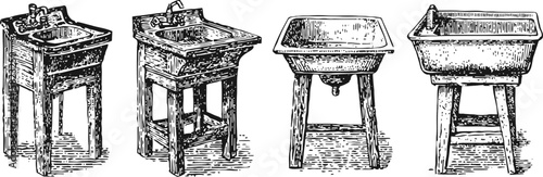 Vintage wooden washbasins and laundry sinks set antique household furniture collection in line art engraving