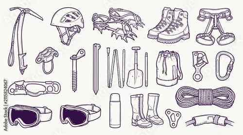 Foto A comprehensive collection of mountaineering and climbing gear, including ice axes, helmets, crampons, boots, ropes, and other essential equipment for alpine adventures