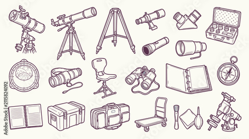 Konstfotografi A comprehensive collection of astronomy equipment and stargazing tools, including various telescopes, tripods, binoculars, eyepieces, and accessories for celestial observation