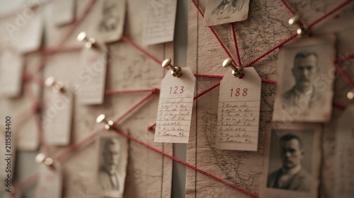 An investigation board with vintage photographs and paper notes connected by red string to map out a mystery or criminal case