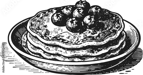 Stack of pancakes with blueberries and syrup vintage black and white engraving illustration