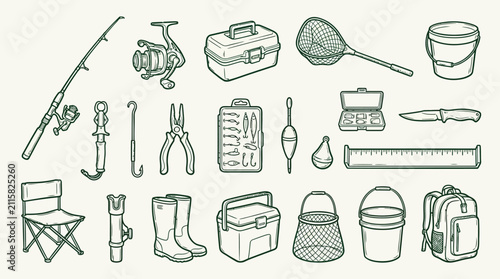 Foto A comprehensive collection of fishing gear and equipment, including rods, reels, tackle boxes, nets, and various tools for angling