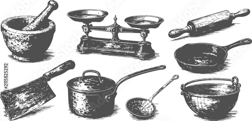 Vintage kitchen utensils set mortar pestle scales rolling pin cleaver pan saucepan ladle bowl engraving