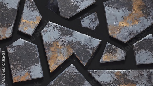 Abstract composition featuring geometric shapes with a textured surface, showcasing shades of gray, gold, and black on a dark background.