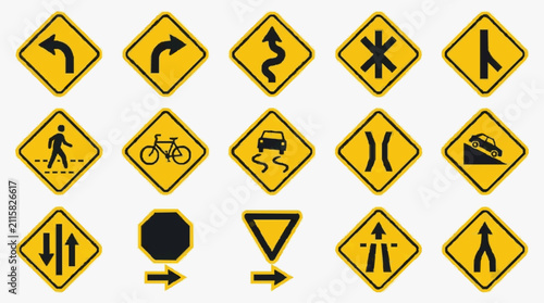 фотографія Minimalist Collection of 15 Bright Yellow Road Warning Signs with Black Icons fo