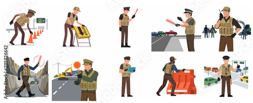 Vector illustration set of traffic controllers managing road safety, detour signs, and construction traffic management.
