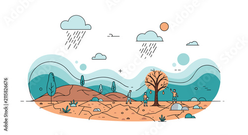 Environmental crisis and drought concept with people observing a withered tree on dry cracked earth under a hot sun.