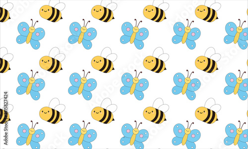Cute Kawaii Seamless Pattern with Happy Smiling Bumblebees and Blue Butterflies for Nursery, Kids Fabric, Baby Shower, and Spring Design