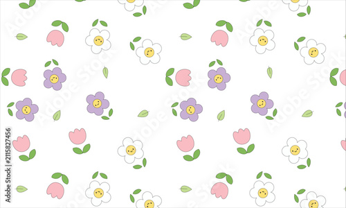 Cute Kawaii Floral Seamless Pattern with Happy Smiling Daisies, Purple Flowers, and Pink Tulips in Pastel Colors for Nursery, Kids Fabric, and Spring Stationery