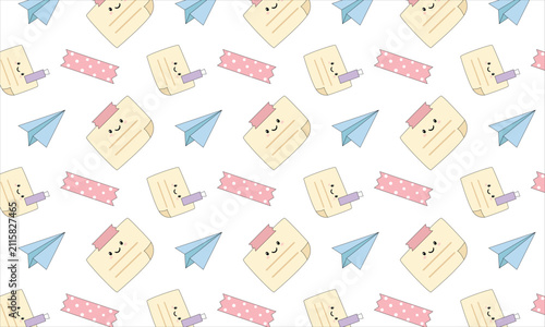 Cute Kawaii Back to School Seamless Pattern with Happy Sticky Notes, Paper Airplanes, and Washi Tape in Pastel Colors for Journaling, Kids, and Stationery Design