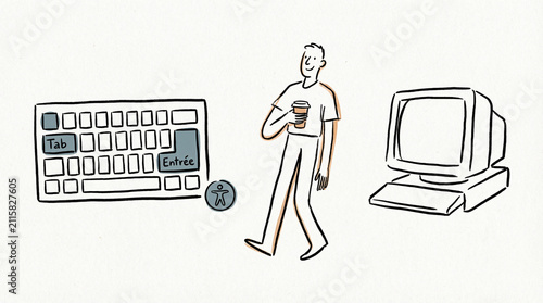 Smartphone User Between Computer Devices in Minimal Line Illustration
