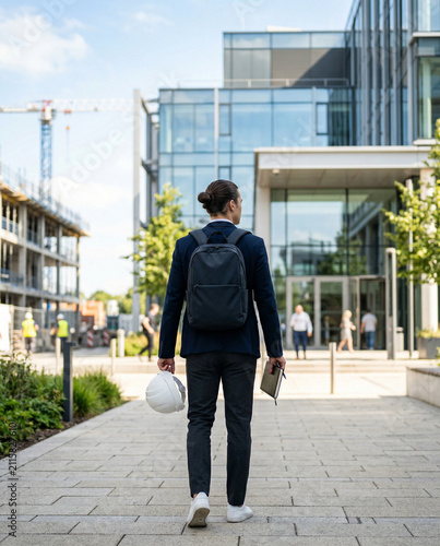 Construction Worker Walking Toward a Modern Building Site with Hard Hat