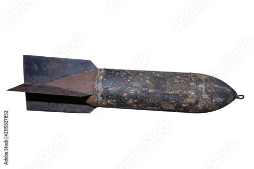 Vintage aerial bomb explosive projectile isolated on a white background.