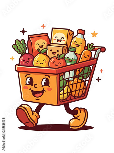 Cute cartoon shopping cart character full of groceries with shopping