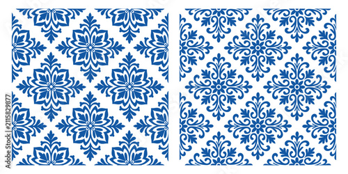 Seamless blue mosaic pattern with ornate floral ceramic tiles in Mediterranean style, perfect for vintage design projects and decorative backgrounds with intricate patterns