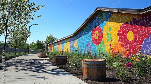Bright floral mosaic mural adorns a building exterior with a pathway and planters