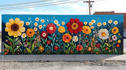 Vibrant mural of colorful sunflowers and diverse wildflowers painted on a blue brick wall under a bright sky