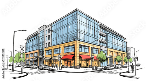 Modern city building architecture with office glass facade shop sketch