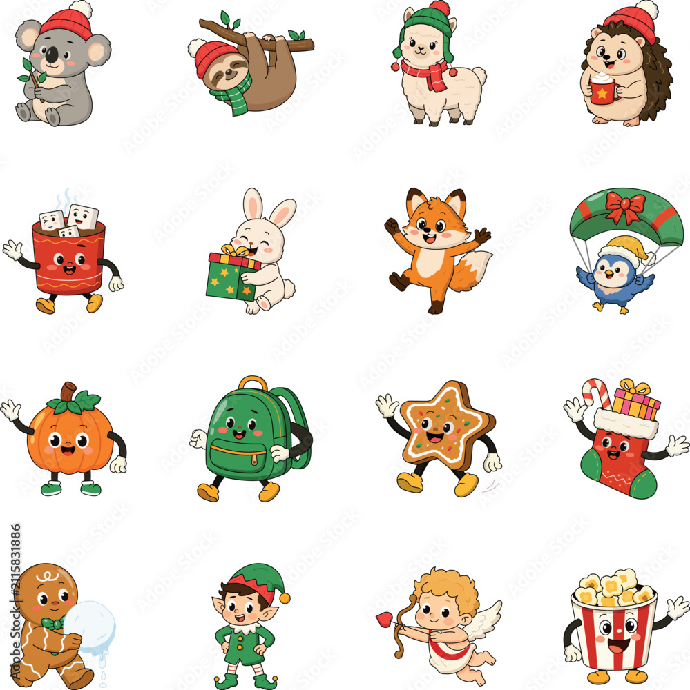 Fototapeta premium 2.epsCute Christmas animals, festive treats, woodland characters, winter accessories, gifts, elves, cupid, popcorn, cookies, pumpkins, and backpacks in a flat character vector style. 