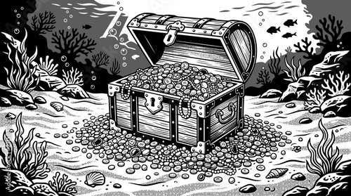 Fotografie Underwater Treasure Chest Overflowing with Gold Coins and Jewels