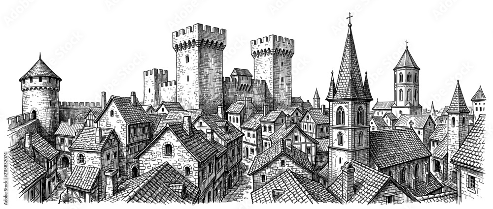 Naklejka premium Medieval town panorama with castle tower fortress church house roof