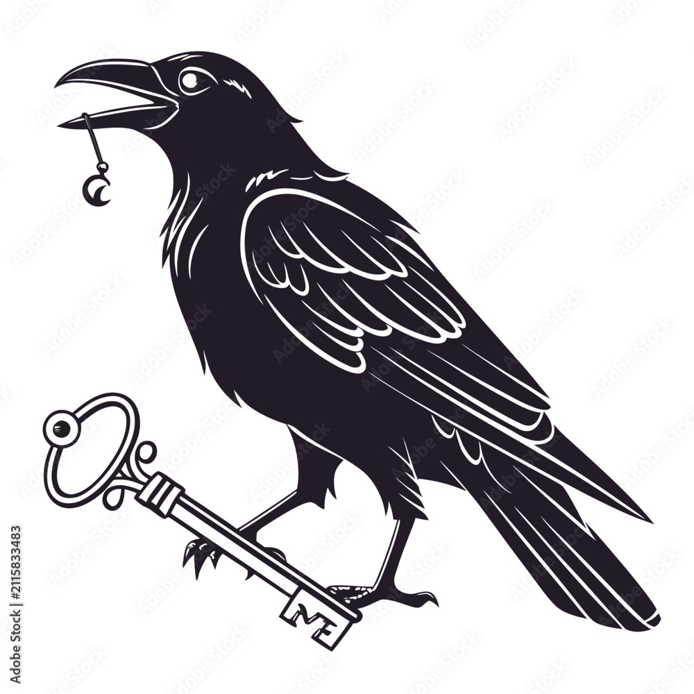 Fototapeta premium Graphic illustration of a black raven with a small crescent moon and a vintage key, crescent