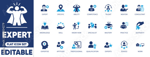 Canvas Print Flat expert vector icon set featuring professional competence, skill, mentor, business expertise, and mastery icons