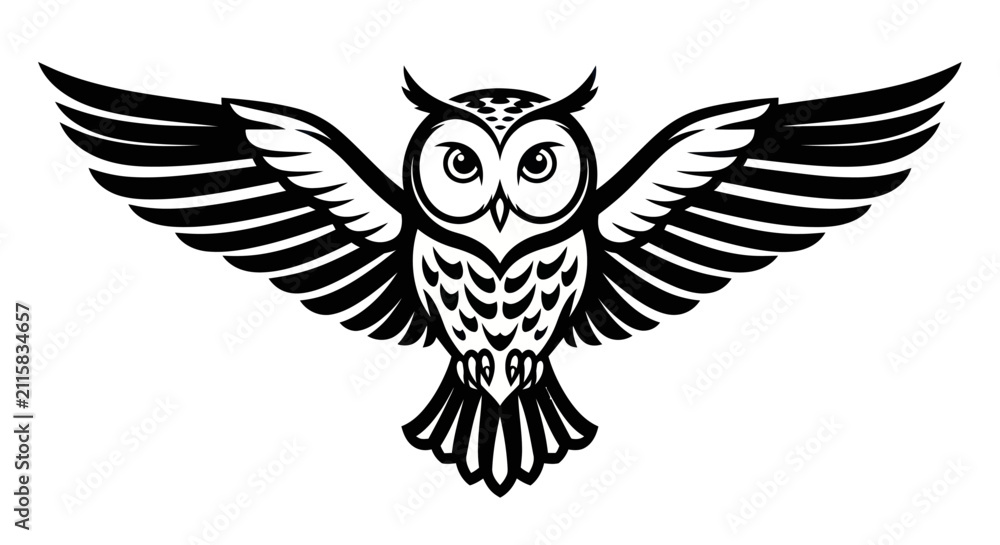 Fototapeta premium Stylized owl in flight black and white vector illustration