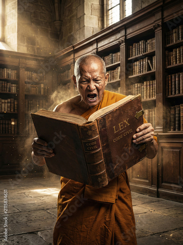 Expressive Medieval Monk Reading Aloud from an Ancient Law Book