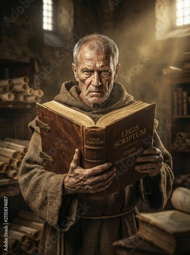 Medieval Monk Reading an Ancient Manuscript in a Monastery Library